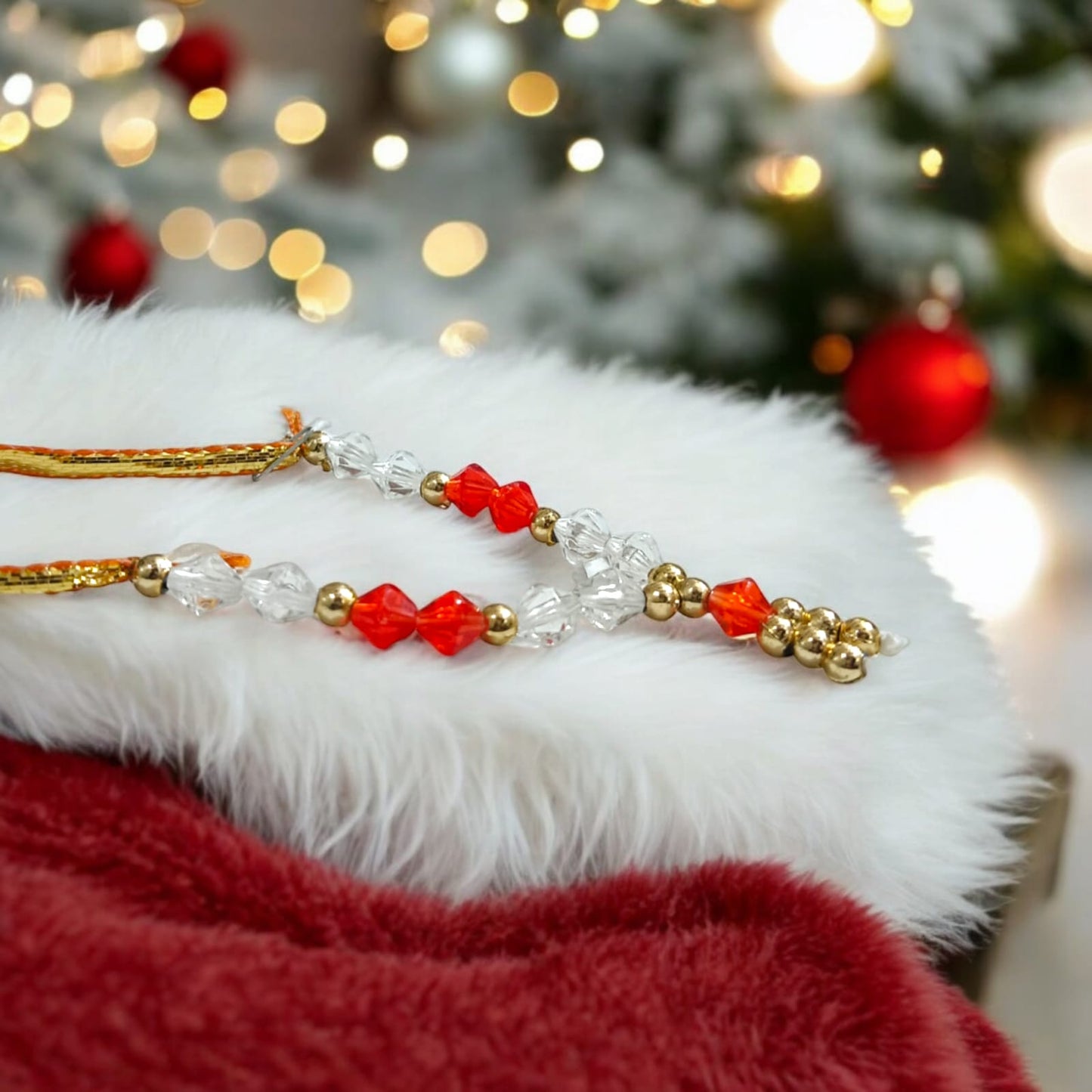 Laddu Gopal Mala with zircon beads in red, white, and golden colors, featuring an adjustable design, by Timeshopee