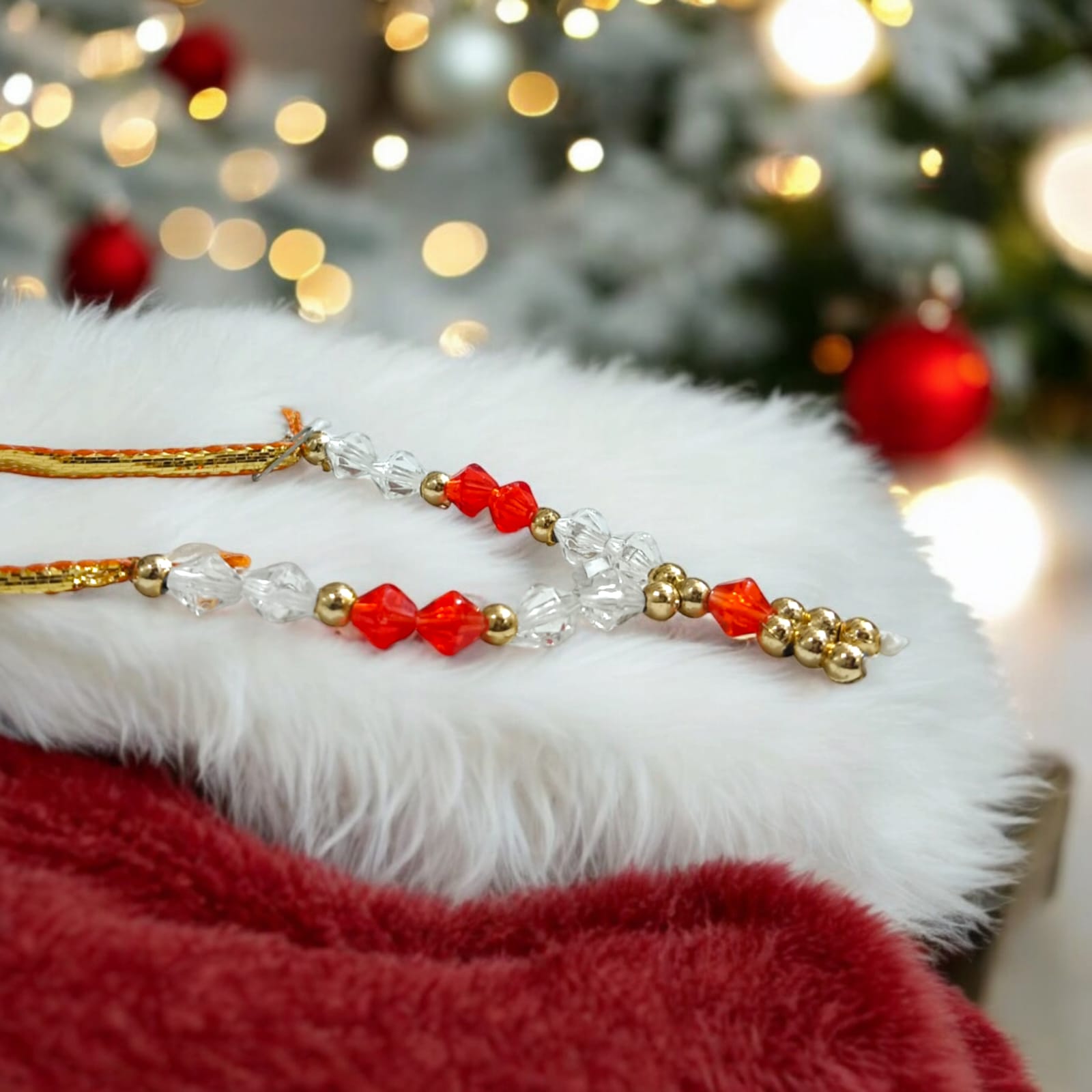 Laddu Gopal Mala with zircon beads in red, white, and golden colors, featuring an adjustable design, by Timeshopee
