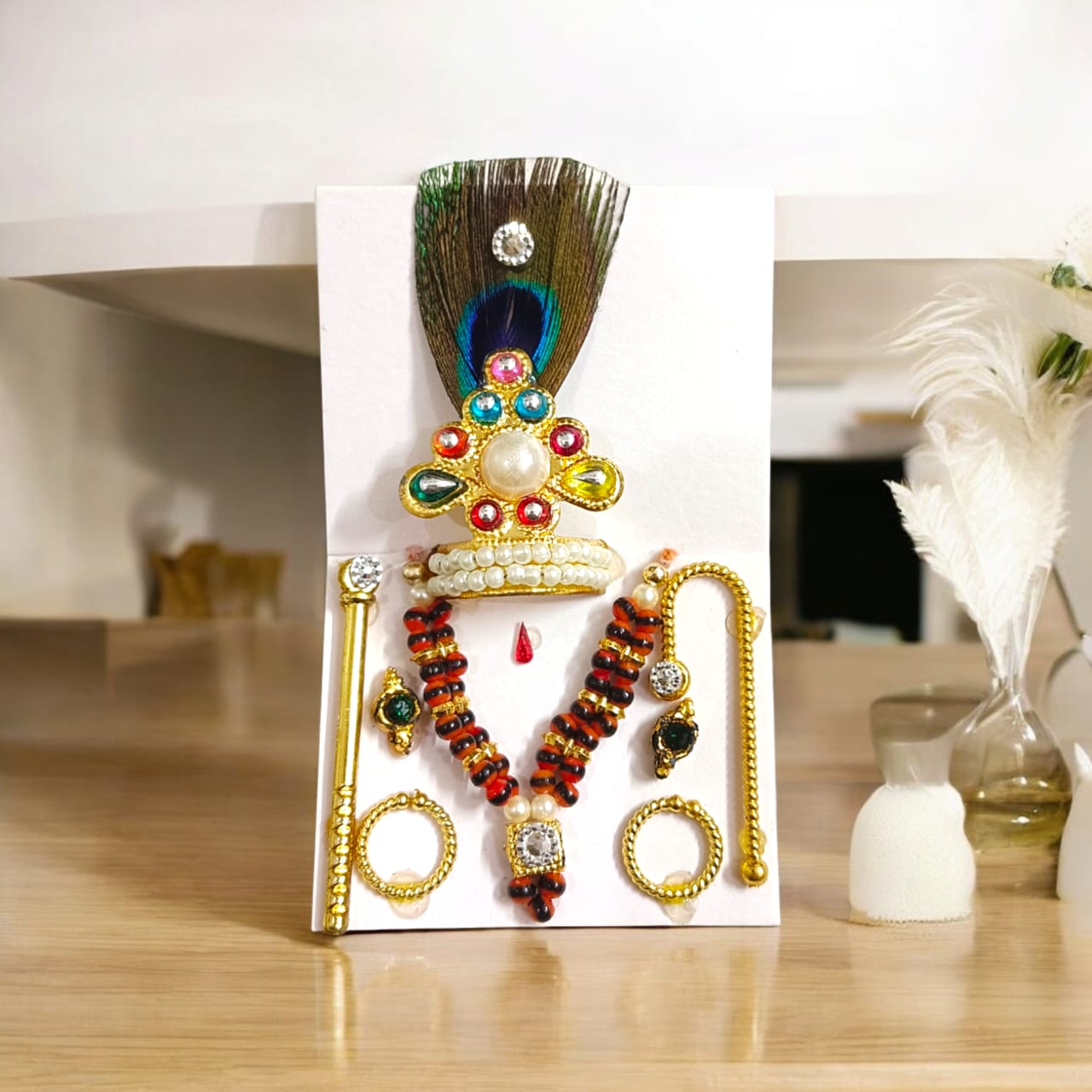 Laddu Gopal Shringaar Set with Mukut, Bangles, Mala, Earrings, Bansuri, and Bindi in Orange, Blue, and Red by Timeshopee
