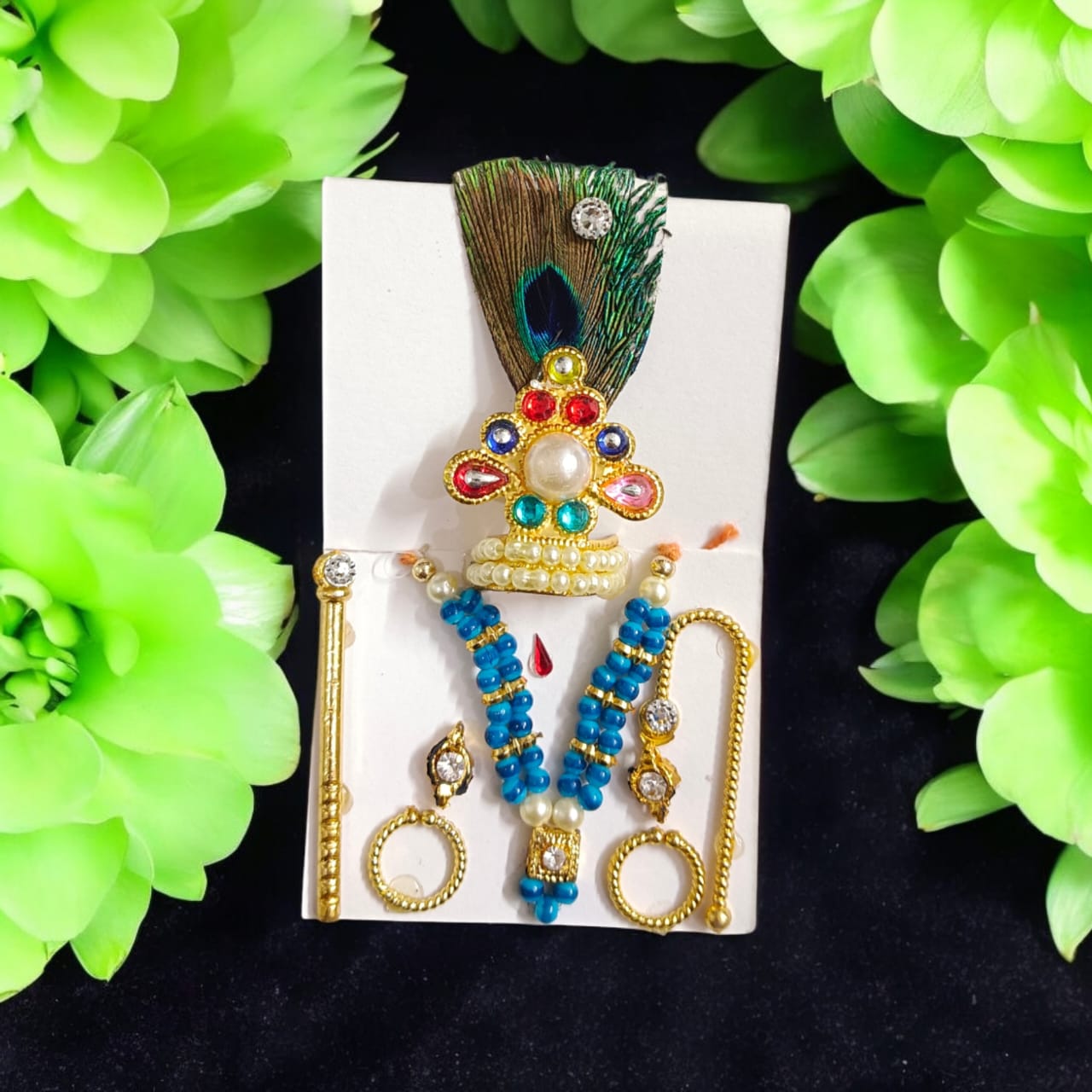 Laddu Gopal Shringaar Set with Mukut, Bangles, Mala, Earrings, Bansuri, and Bindi in Orange, Blue, and Red by Timeshopee
