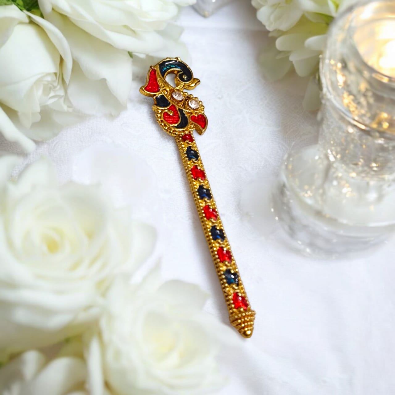 Laddu Gopal bansuri with peacock feather design, a unique and beautifully crafted flute accessory for Bal Gopal idols.