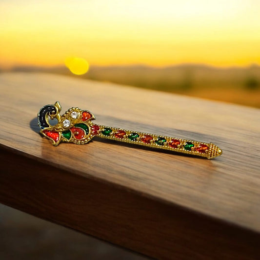 Laddu Gopal bansuri with peacock feather design, a unique and beautifully crafted flute accessory for Bal Gopal idols.