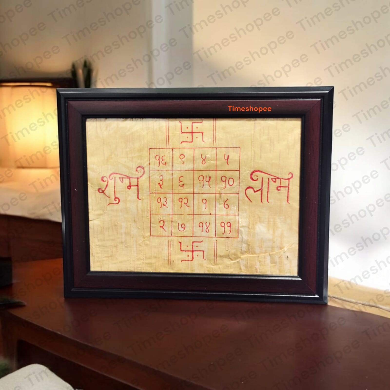 Lakshmi Yantra written on Bhojpatra with a frame, ideal for wall hanging in home temples, offices, and business spaces.