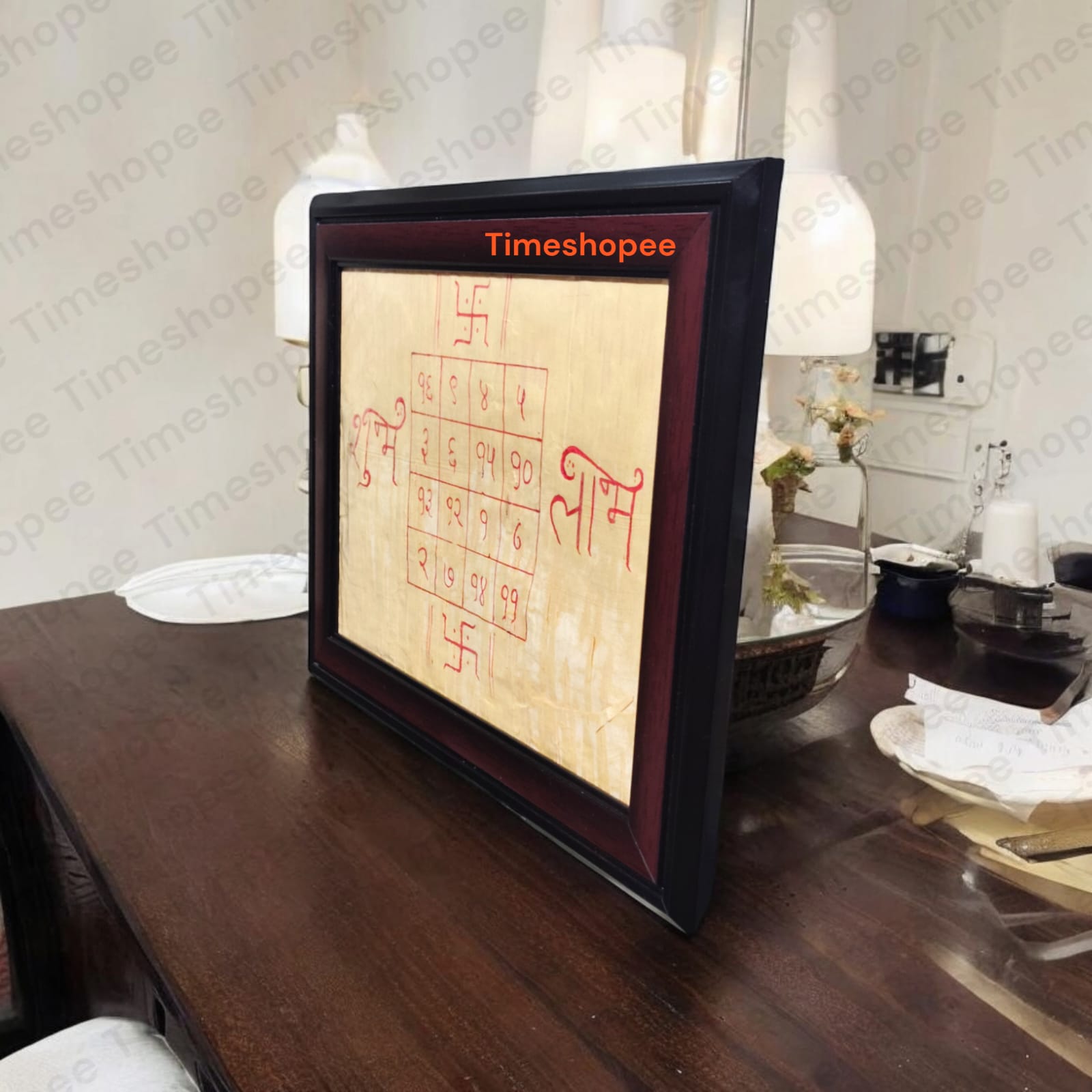 Lakshmi Yantra written on Bhojpatra with a frame, ideal for wall hanging in home temples, offices, and business spaces.