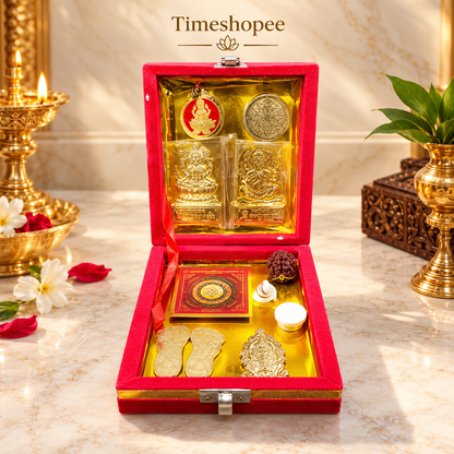 Lakshmi Kuber Box with various pooja items including idols, coins, yantra, and more, organized in a designed wooden box from Timeshopee