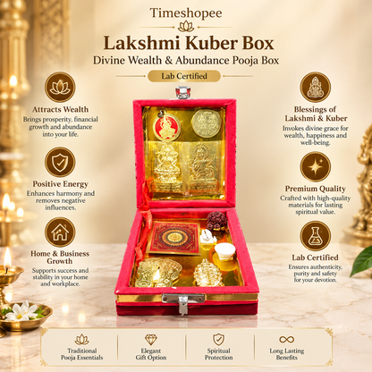 Lakshmi Kuber Box with various pooja items including idols, coins, yantra, and more, organized in a designed wooden box from Timeshopee