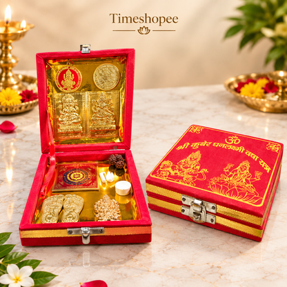Lakshmi Kuber Box with various pooja items including idols, coins, yantra, and more, organized in a designed wooden box from Timeshopee