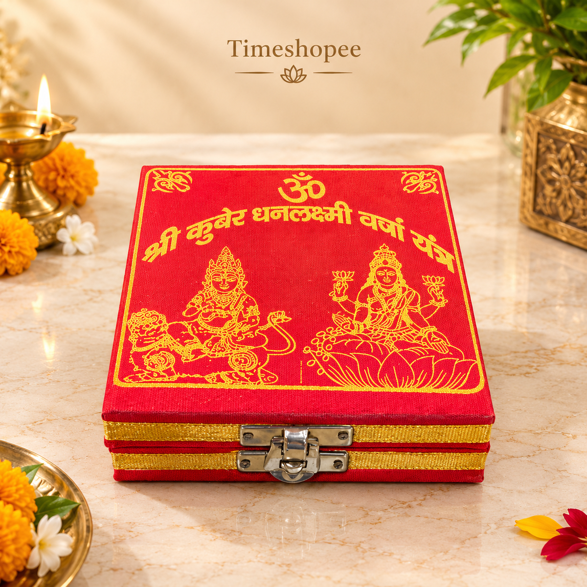 Lakshmi Kuber Box with various pooja items including idols, coins, yantra, and more, organized in a designed wooden box from Timeshopee