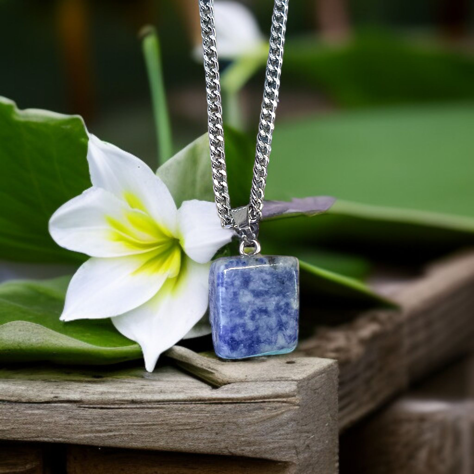 Lapis Lazuli Pendant with White Metal Chain | Lab Certified | Timeshopee