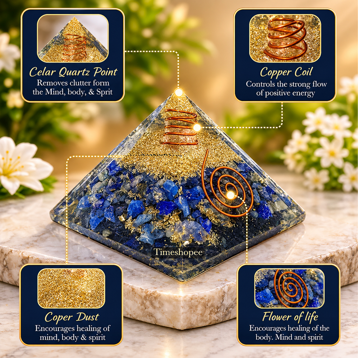 Lapis Lazuli orgone pyramid, lab-certified, 7 x 7 x 7 cms, from Timeshopee