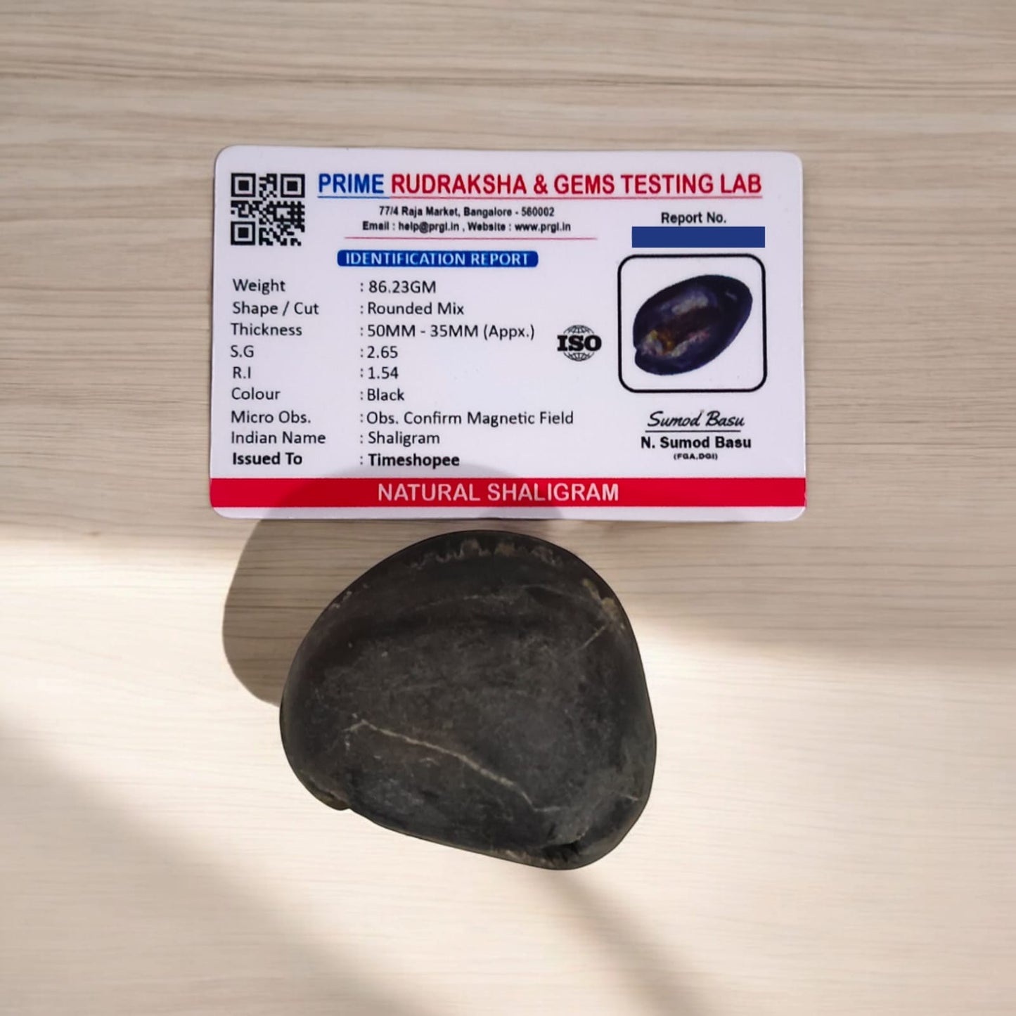 Laxmi Narayan Shaligram from Timeshopee, lab-certified by PRGL, sacred stone symbolizing Goddess Lakshmi and Lord Narayan, for worship and meditation.