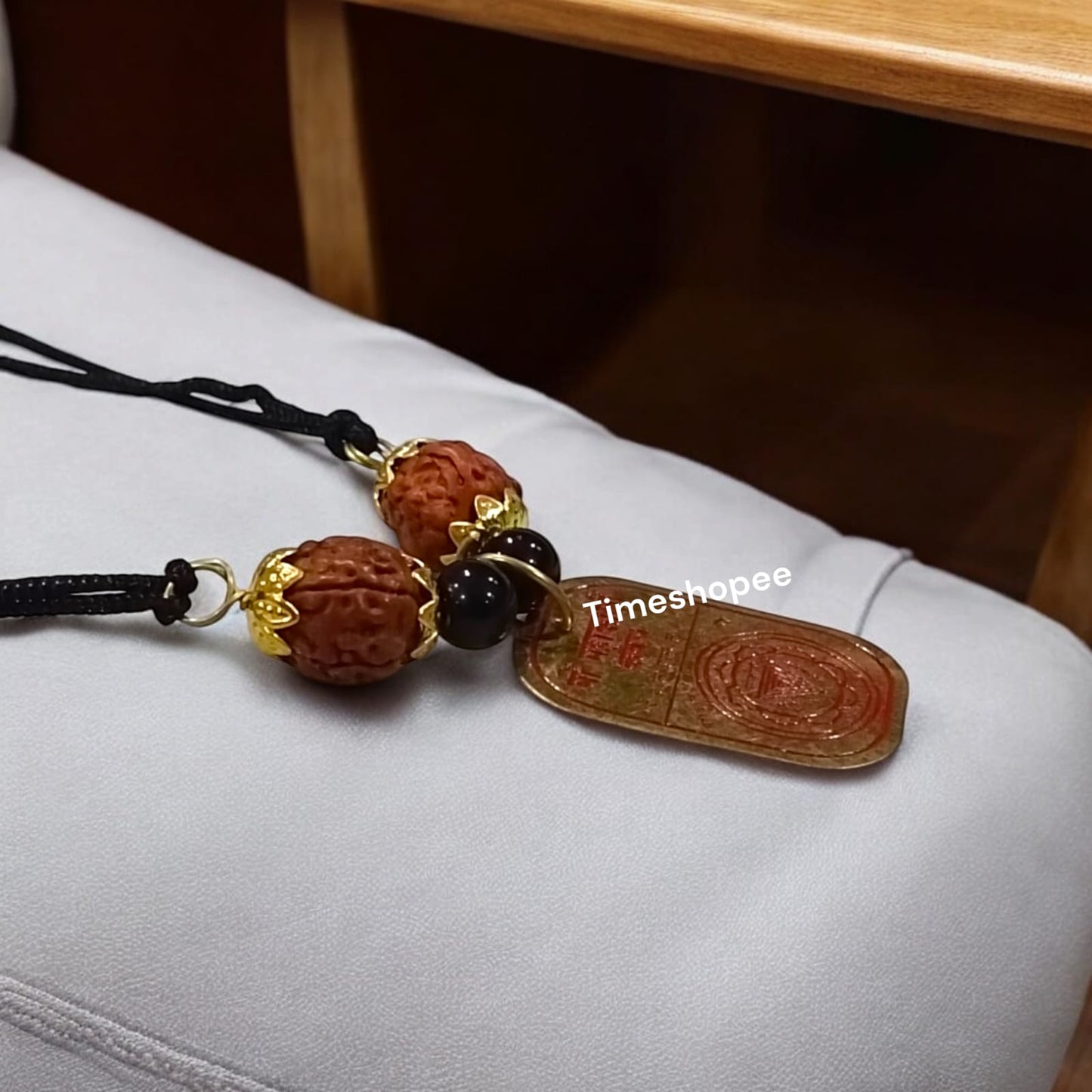 Maa Kali Yantra Locket with 5 Mukhi Rudraksha and Black Agate beads, designed for protection from evil, by Timeshopee