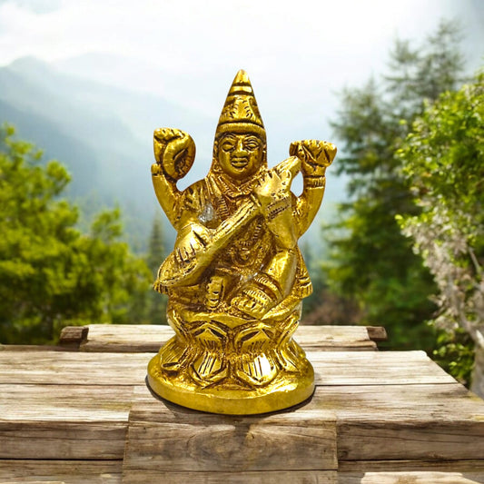Maa Saraswati Idol in Brass, Goddess Saraswati, 8 cm length, 5 cm width, 270 grams, intricate design.