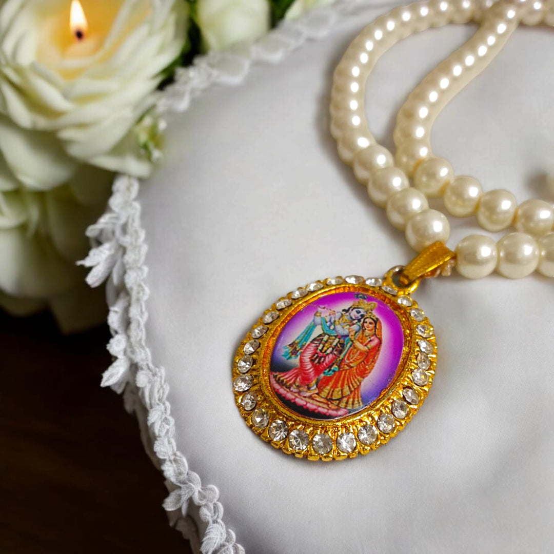 Moti Mala With Radha Krishna Locket | Devotional Beads – Timeshopee