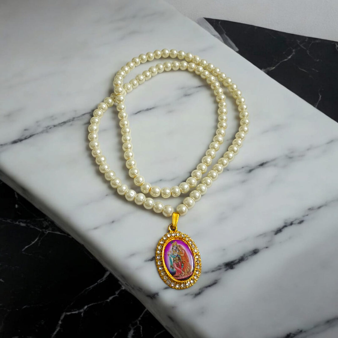 Moti Mala With Radha Krishna Locket | Devotional Beads – Timeshopee