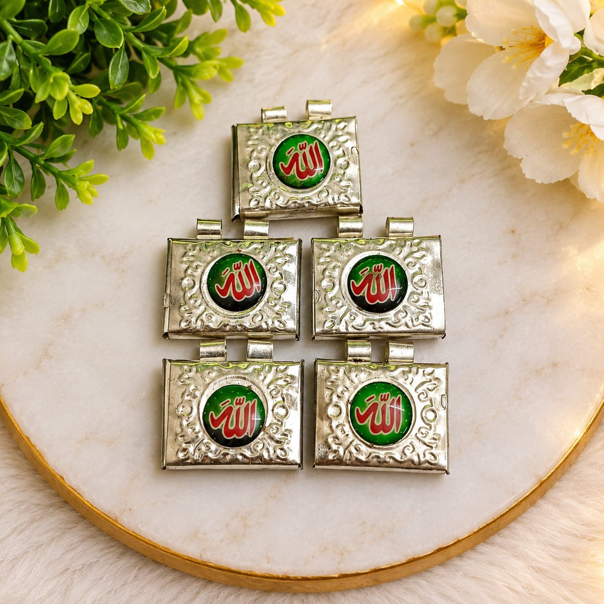 Muslim Silver Square Taweez Set of 5 with Bhojpatra Sheet for Spiritual Practice