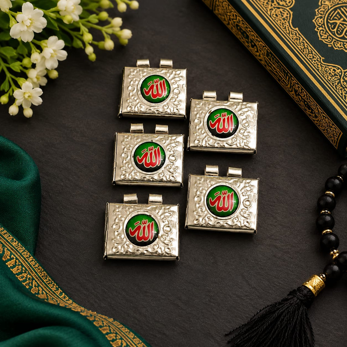 Muslim Silver Square Taweez Set of 5 with Bhojpatra Sheet for Spiritual Practice