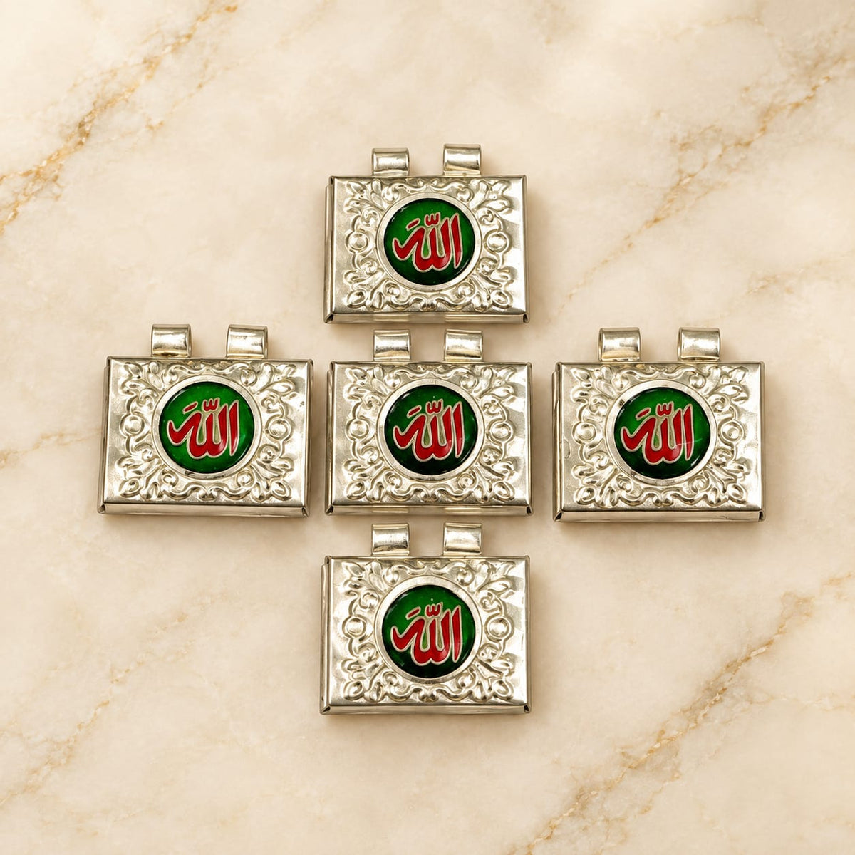 Muslim Silver Square Taweez Set of 5 with Bhojpatra Sheet for Spiritual Practice