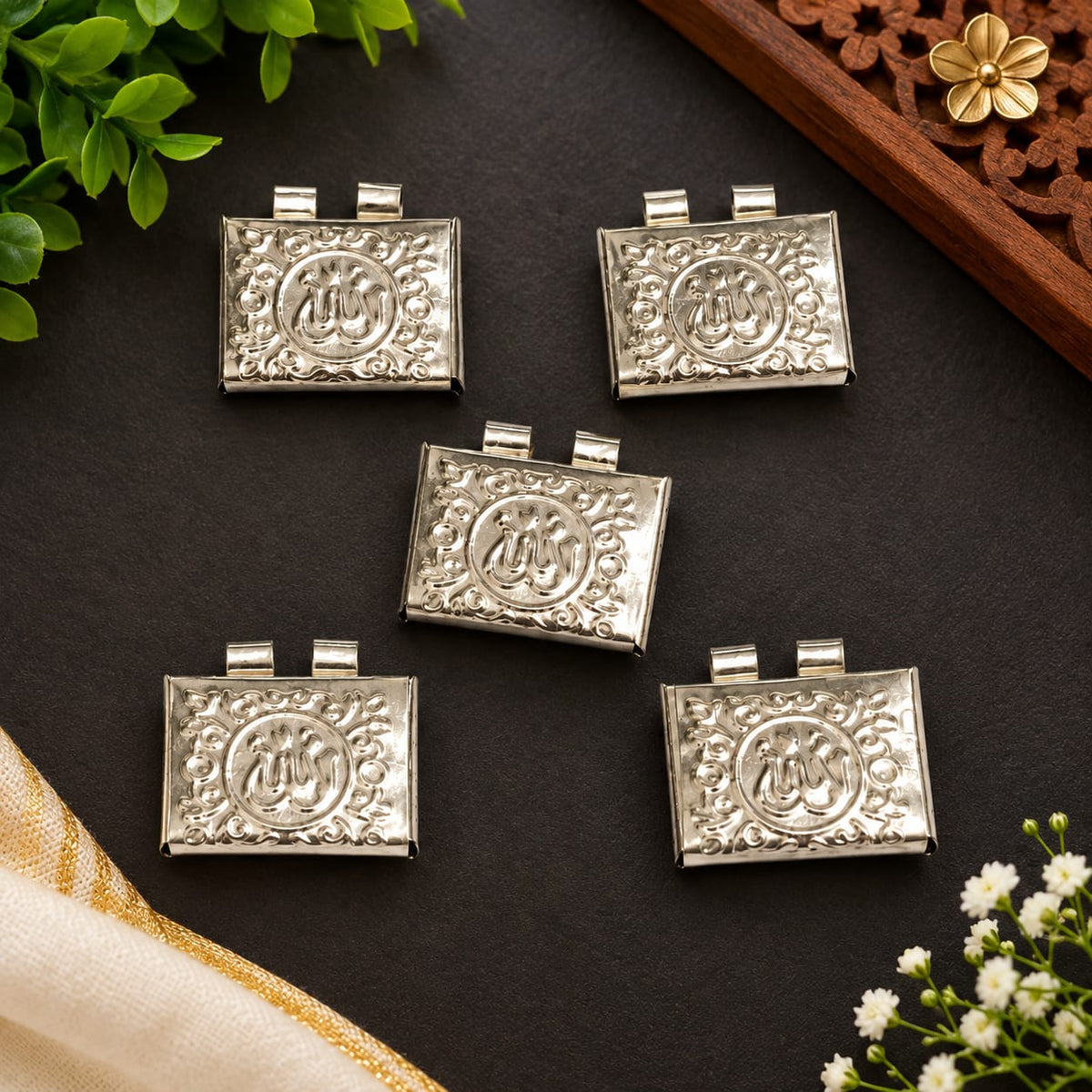 Muslim Silver Square Taweez Set of 5 with Bhojpatra Sheet for Spiritual Practice