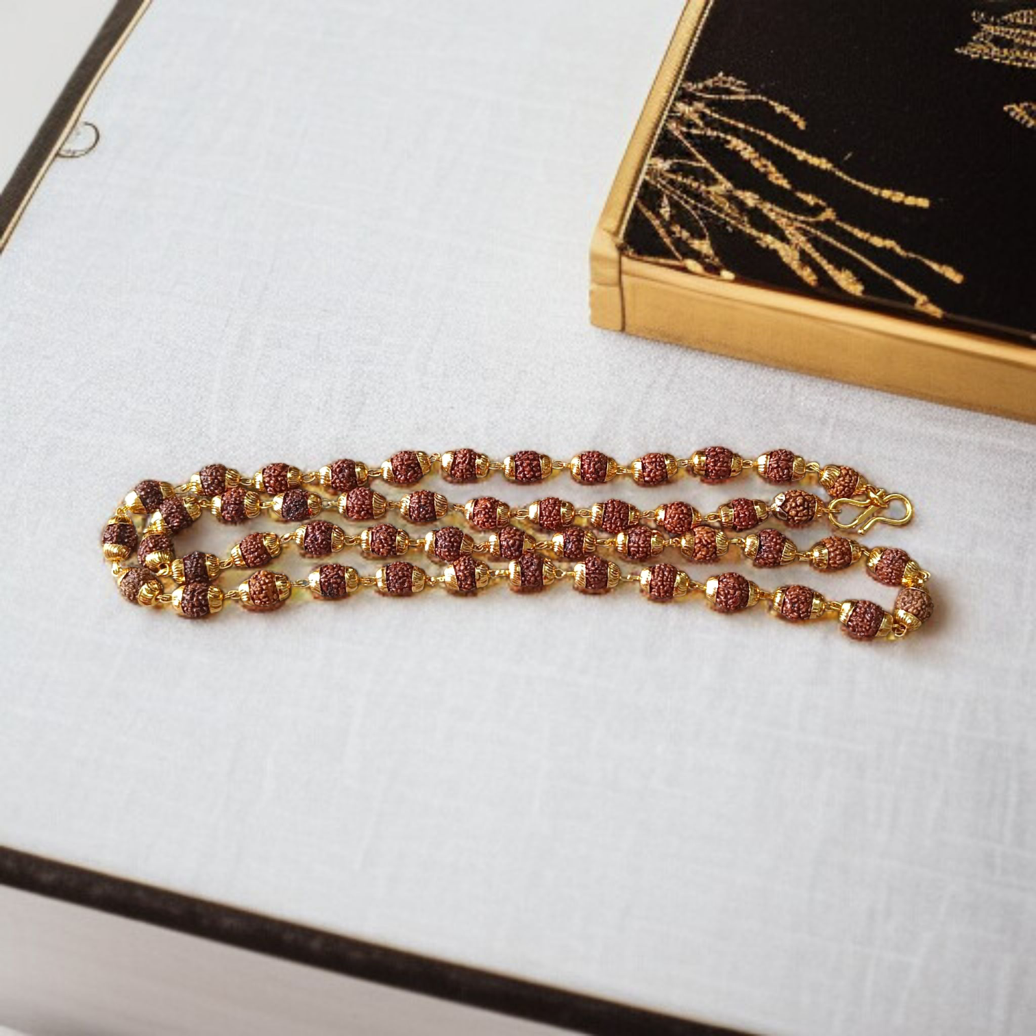 Natural 5 Face Rudraksha Mala with Golden Caps – 50 Beads, 6mm Size, Lab Certified with 1-Year Plating Guarantee for Meditation, Japa, and Daily Wear