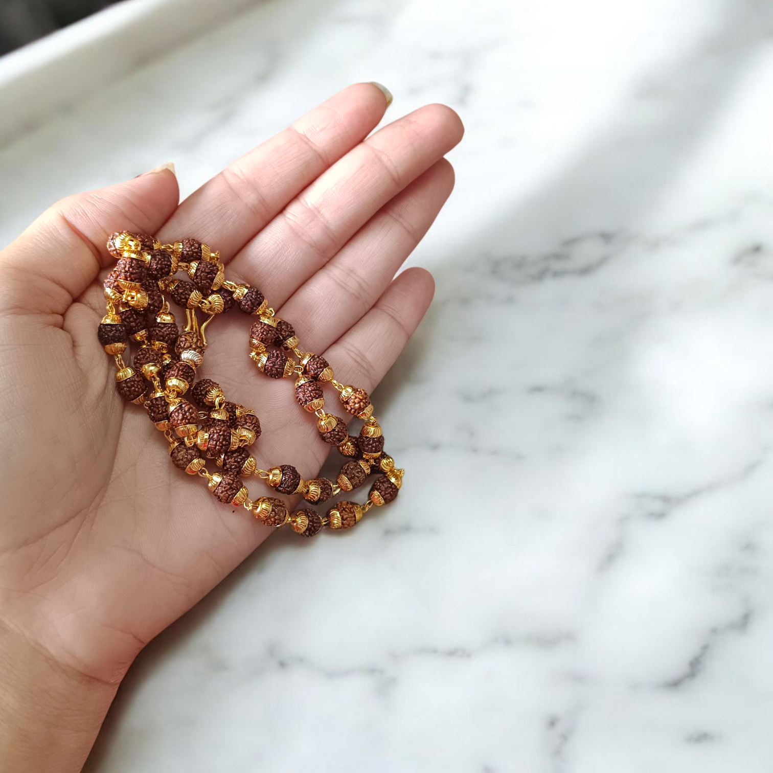Natural 5 Face Rudraksha Mala with Golden Caps – 50 Beads, 6mm Size, Lab Certified with 1-Year Plating Guarantee for Meditation, Japa, and Daily Wear