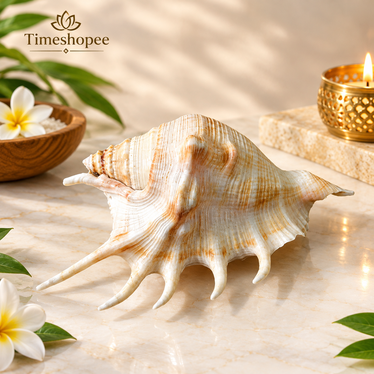 Natural 5 Mukhi Lakshmi Shankh (Panchmukhi conch shell), white non-blowing conch used for Lakshmi Pooja and rituals, placed on altar