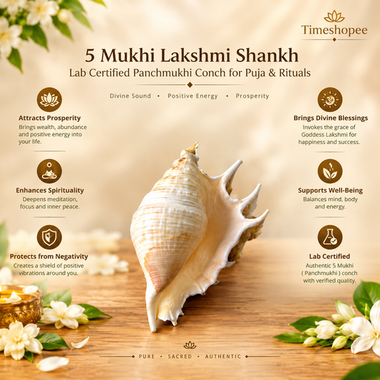 Natural 5 Mukhi Lakshmi Shankh (Panchmukhi conch shell), white non-blowing conch used for Lakshmi Pooja and rituals, placed on altar