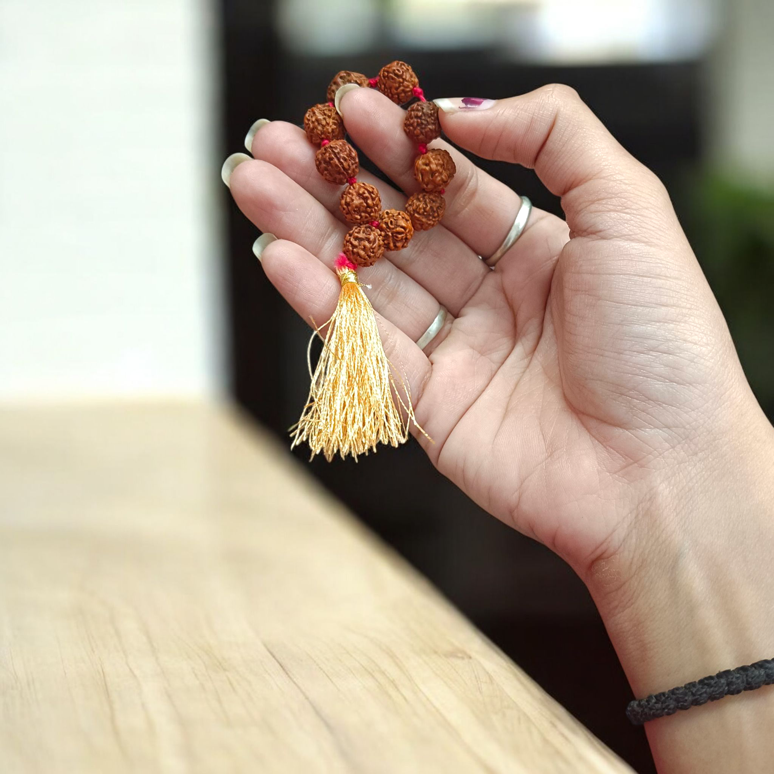Natural 5 Mukhi Rudraksha Finger Mala with 9+1 round brown beads (8mm), used for meditation, chanting, and healing practices