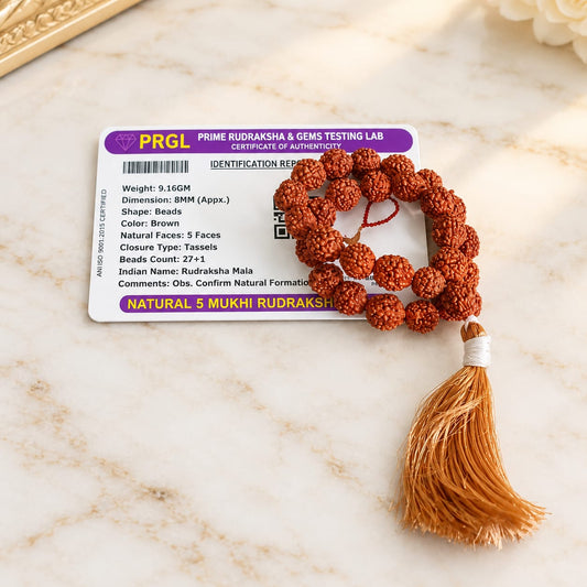 Natural 5 Mukhi Rudraksha Mala 27+1 Beads 8mm Lab Certified for Meditation