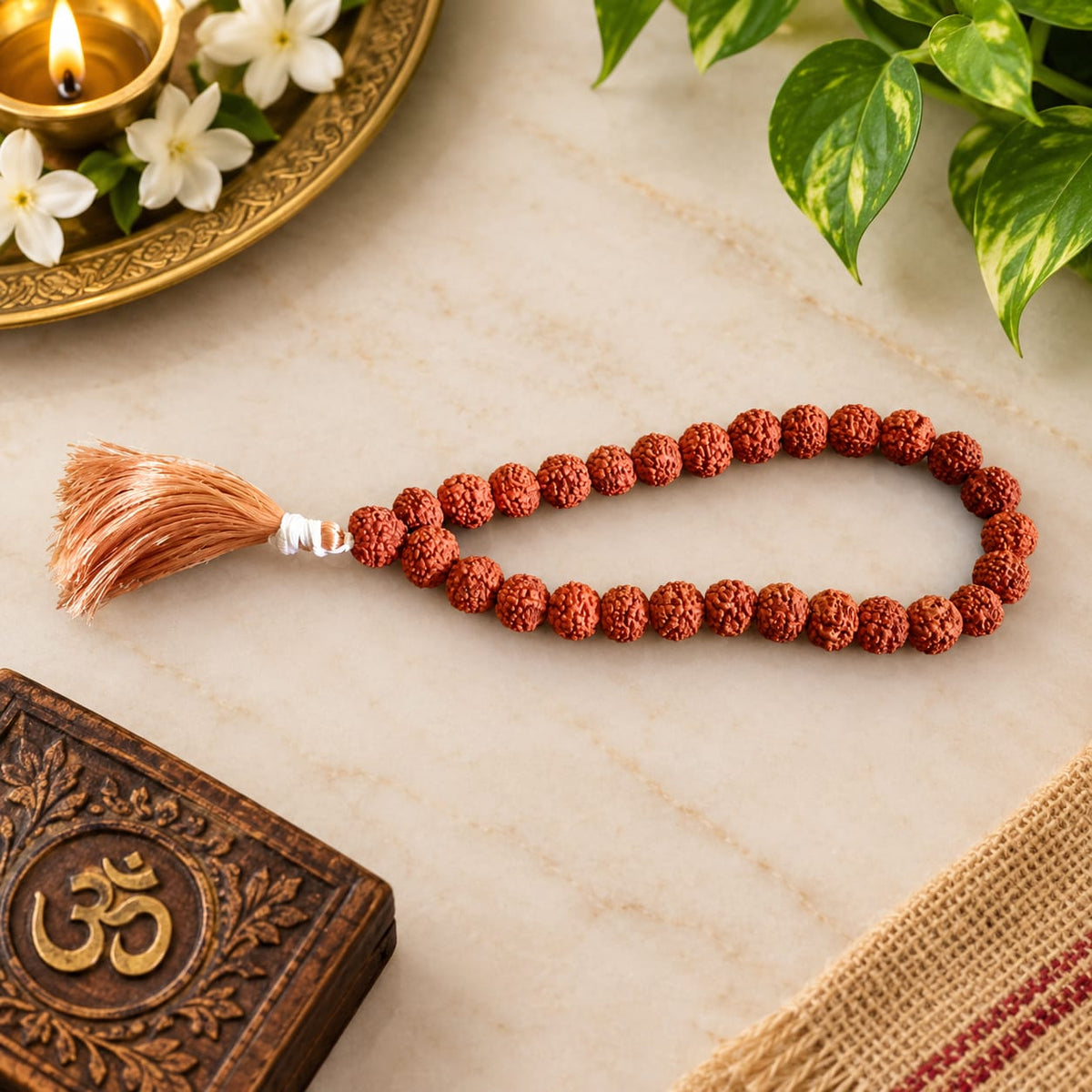 Natural 5 Mukhi Rudraksha Mala 27+1 Beads 8mm Lab Certified for Meditation