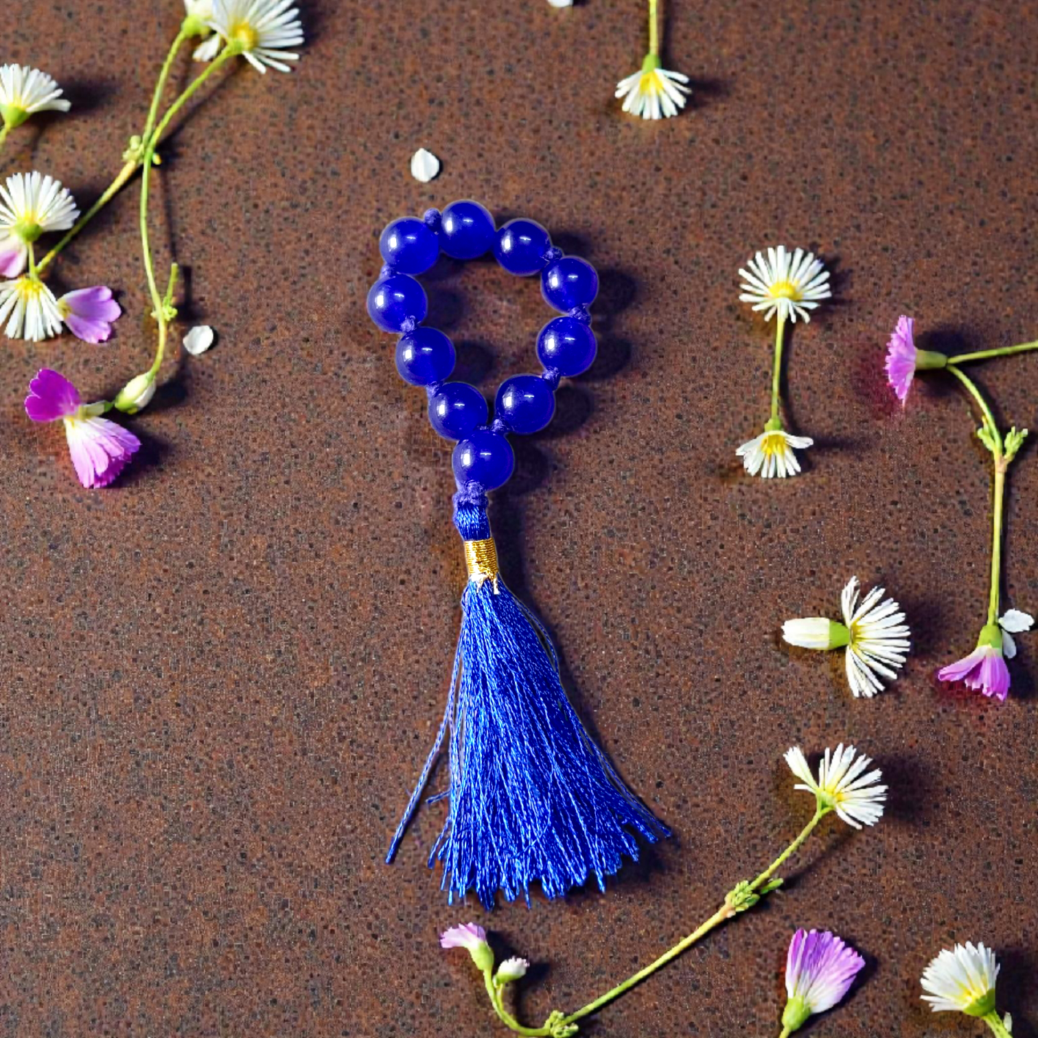 Natural Blue Agate Finger Mala 9+1 beads, Neela Hakik 8mm lab-certified beads for meditation and mantra chanting
