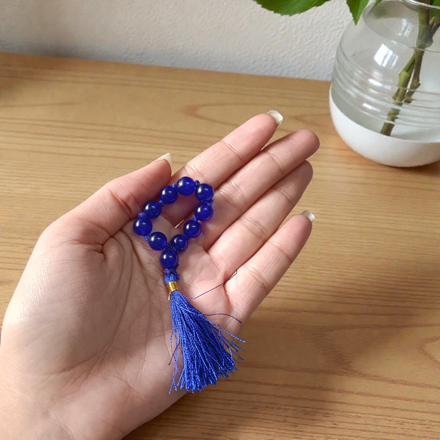Natural Blue Agate Finger Mala 9+1 beads, Neela Hakik 8mm lab-certified beads for meditation and mantra chanting