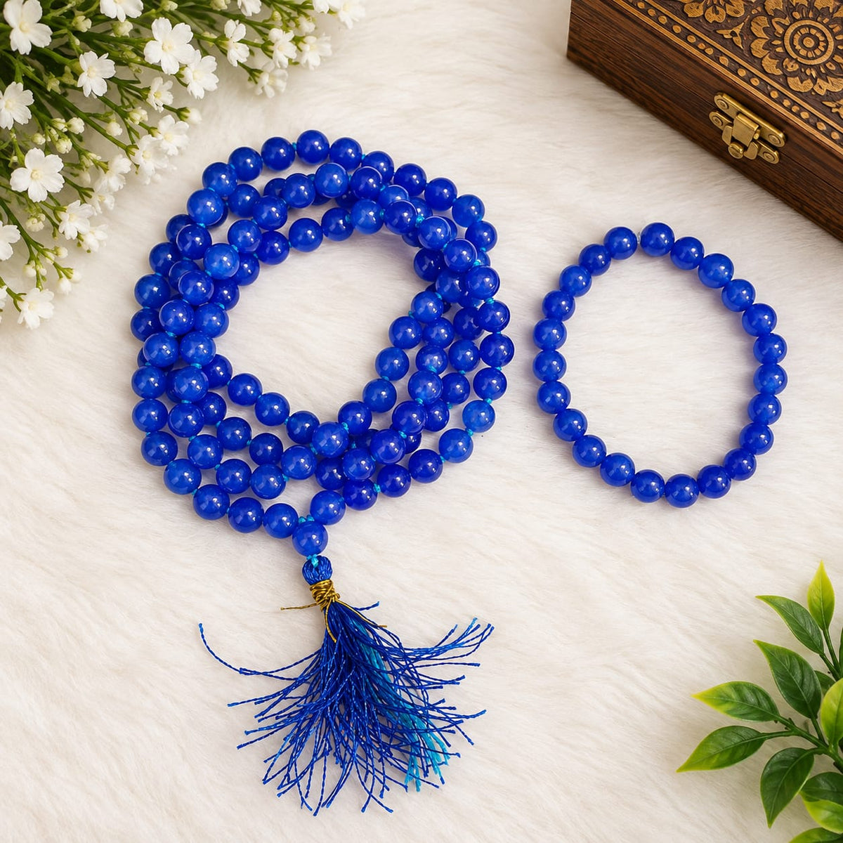 Natural Blue Agate Mala and Bracelet Combo Set | Blue Hakik Lab Certified