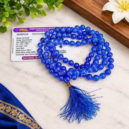 Natural Blue Agate Mala and Bracelet Combo Set | Blue Hakik Lab Certified