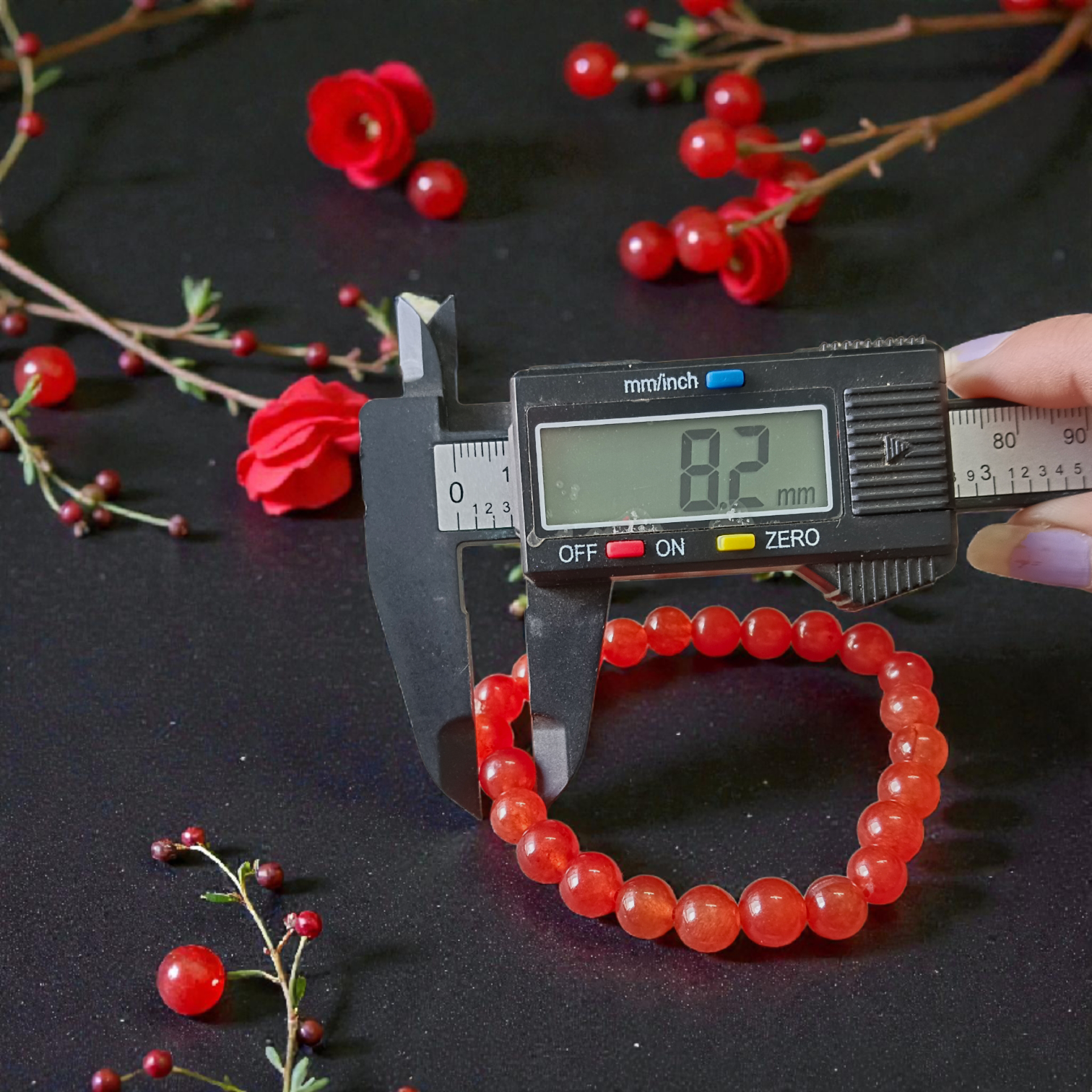 Natural Carnelian Bracelet with 8mm round beads, stretchable design, displayed neatly for wellness and fashion use