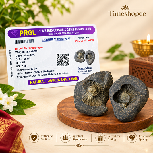 Natural Chakra Shaligram stone with visible sacred chakra markings placed in a traditional worship setting