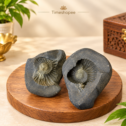 Natural Chakra Shaligram stone with visible sacred chakra markings placed in a traditional worship setting