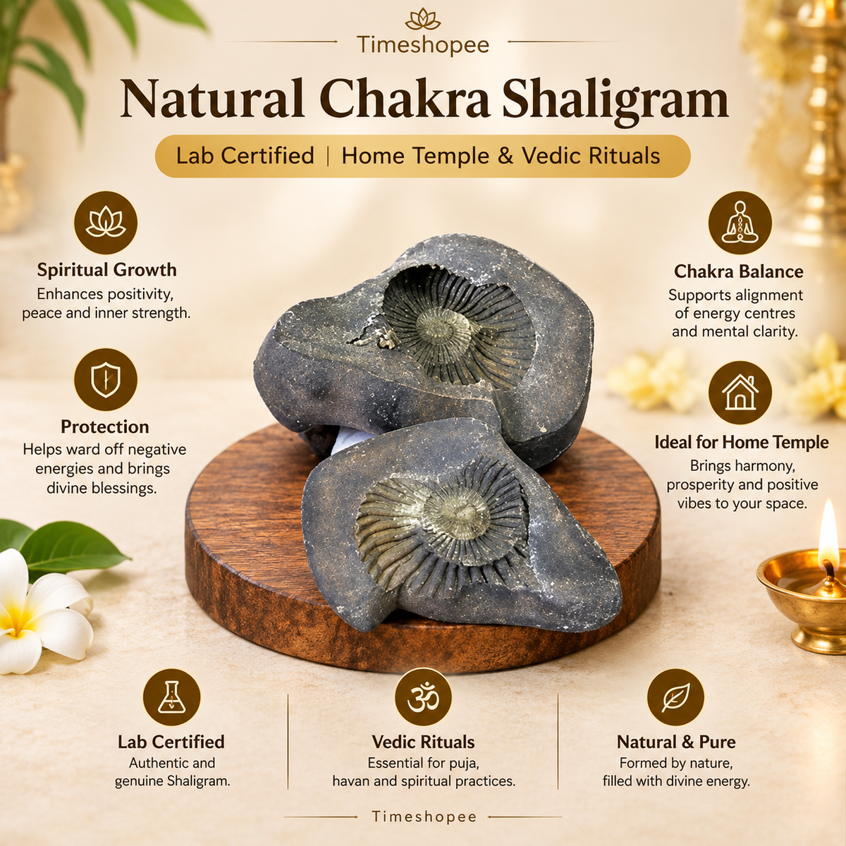 Natural Chakra Shaligram stone with visible sacred chakra markings placed in a traditional worship setting
