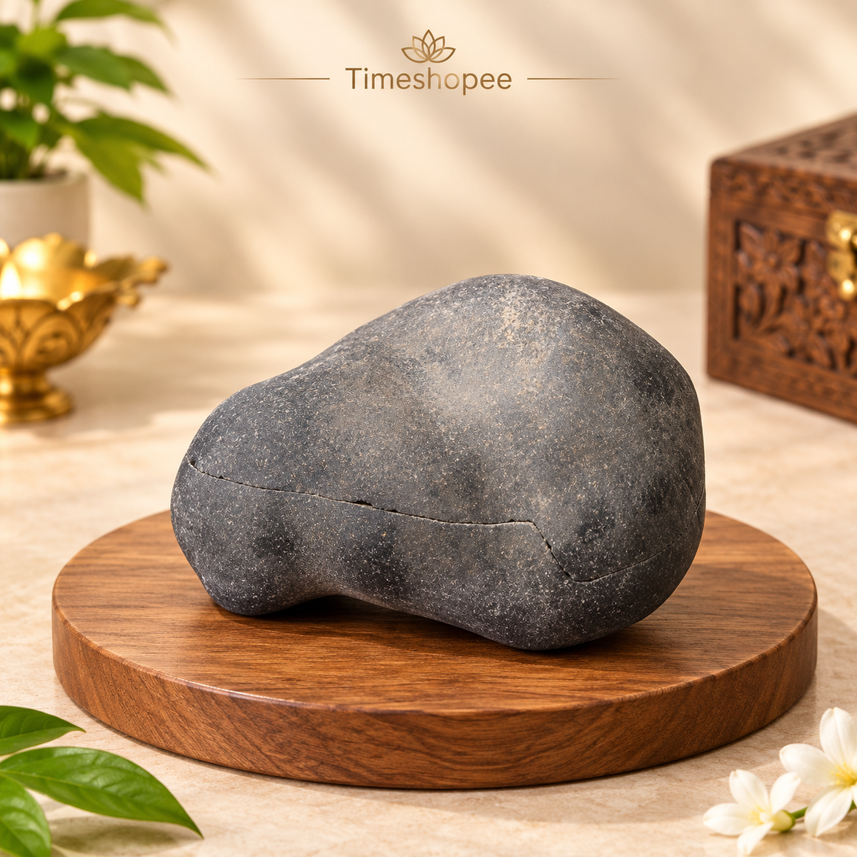 Natural Chakra Shaligram stone with visible sacred chakra markings placed in a traditional worship setting