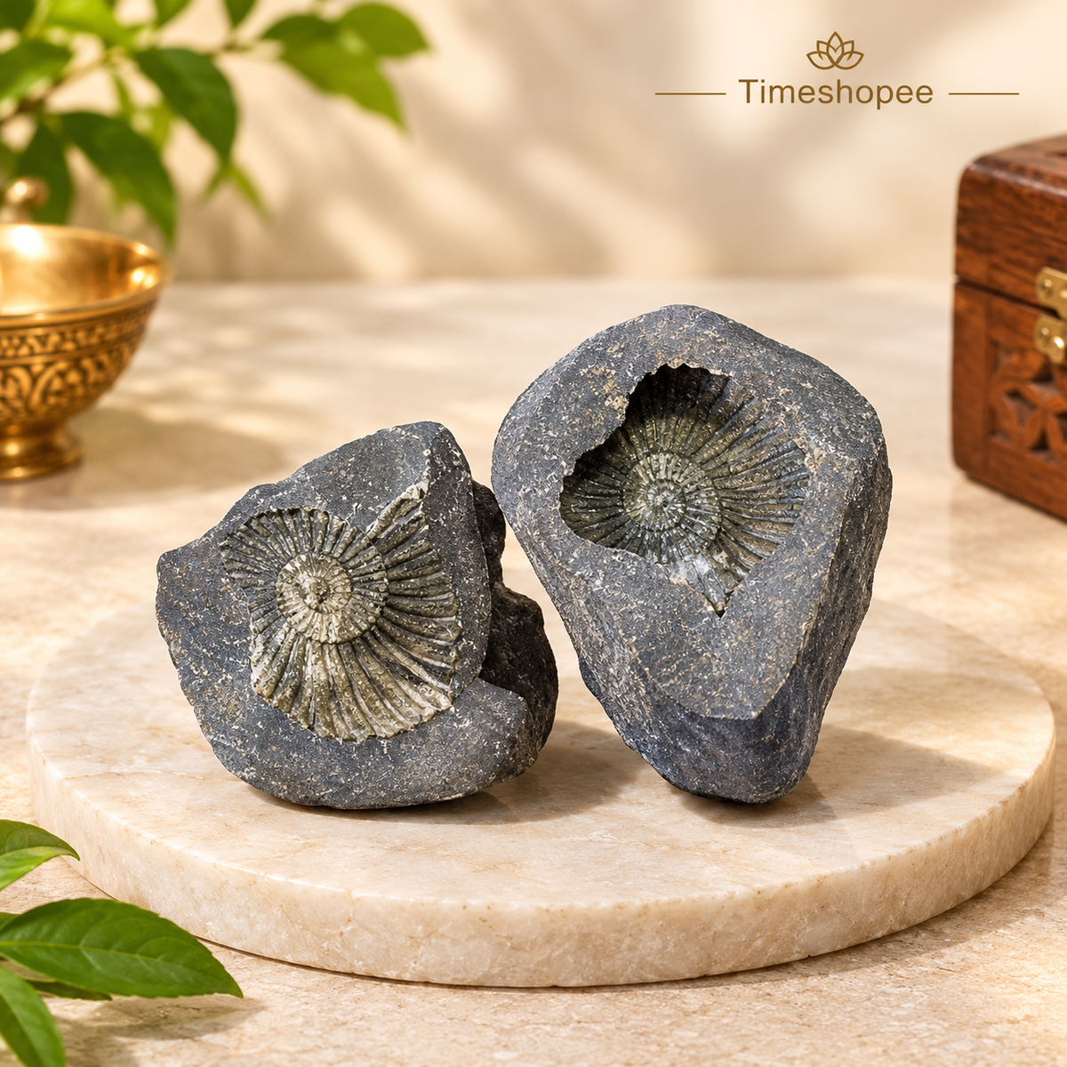 Natural Chakra Shaligram stone with visible sacred chakra markings placed in a traditional worship setting