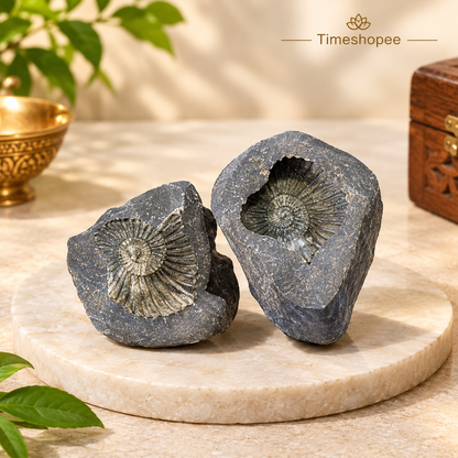 Natural Chakra Shaligram stone with visible sacred chakra markings placed in a traditional worship setting