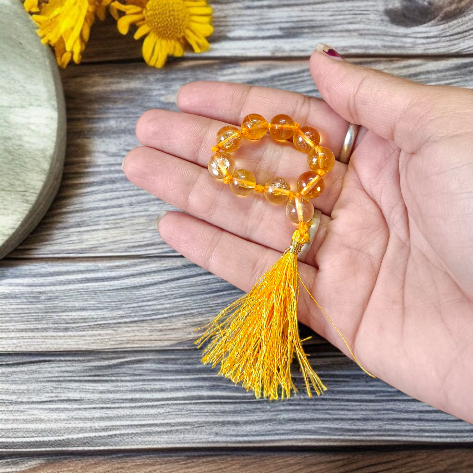 Natural Citrine Finger Mala 9+1 Beads (Sunhela Stone), 8mm Size – Lab Certified Meditation and Japa Mala from Timeshopee