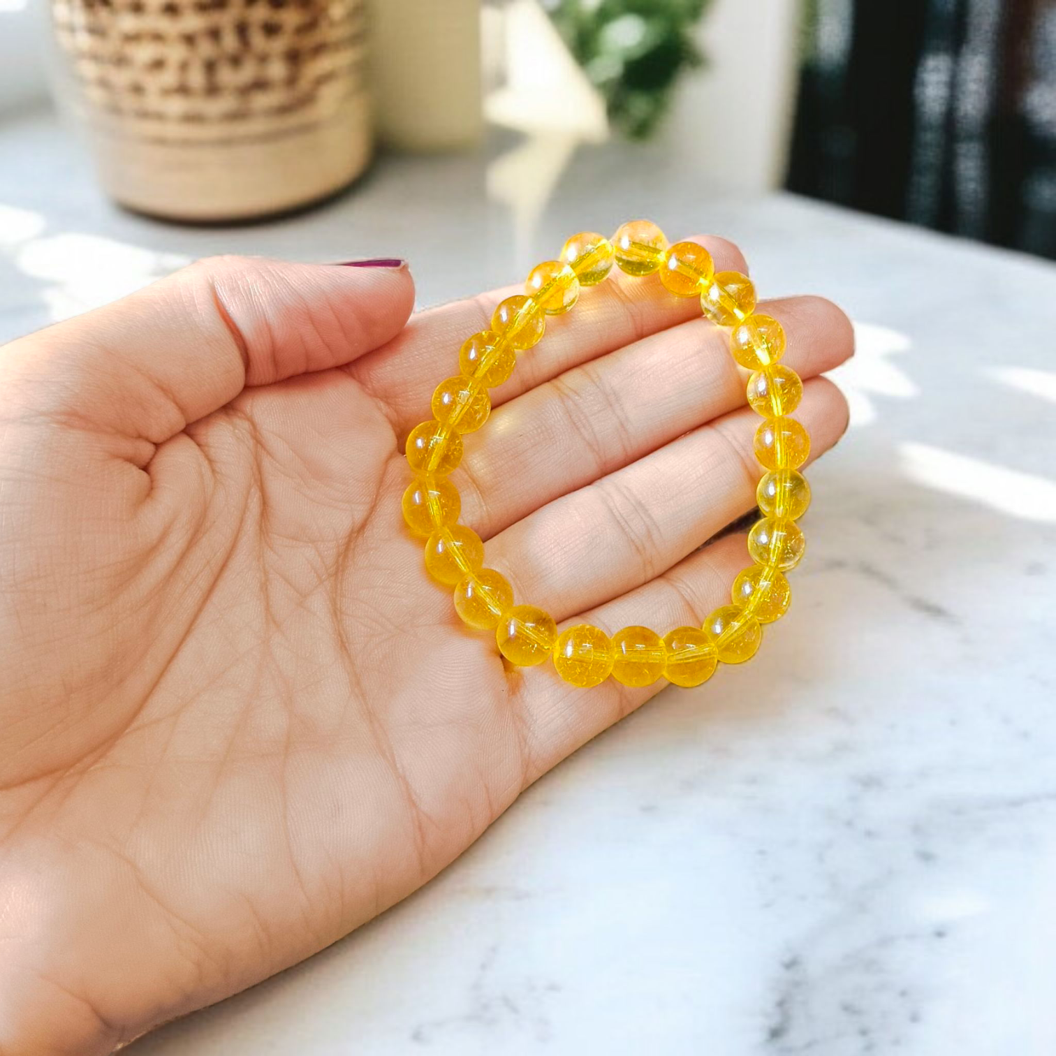 Natural Citrine crystal bracelet with 8mm stretchable beads, ideal for men and women for daily wear, meditation, and spiritual rituals