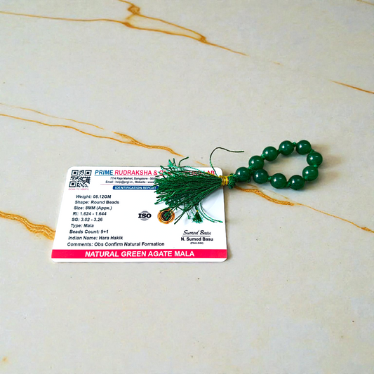 Natural Green Agate Finger Mala 9+1 beads, Hara Hakik 8mm lab-certified mala for meditation and mantra chanting