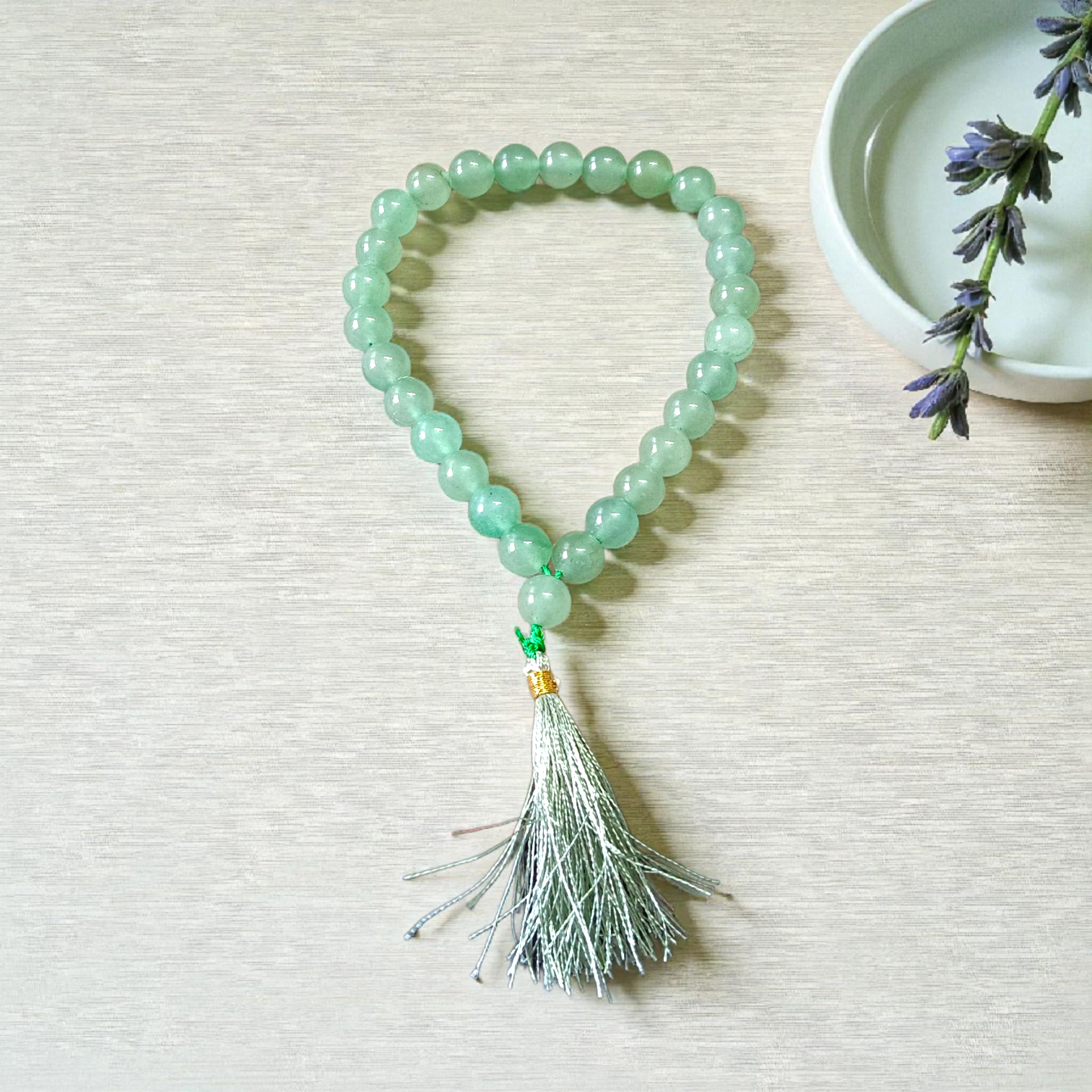 Natural Green Aventurine Mala 27+1 beads, 8mm lab-certified Margaj Japa Mala for meditation, focus, and calmness – suitable for both men and women