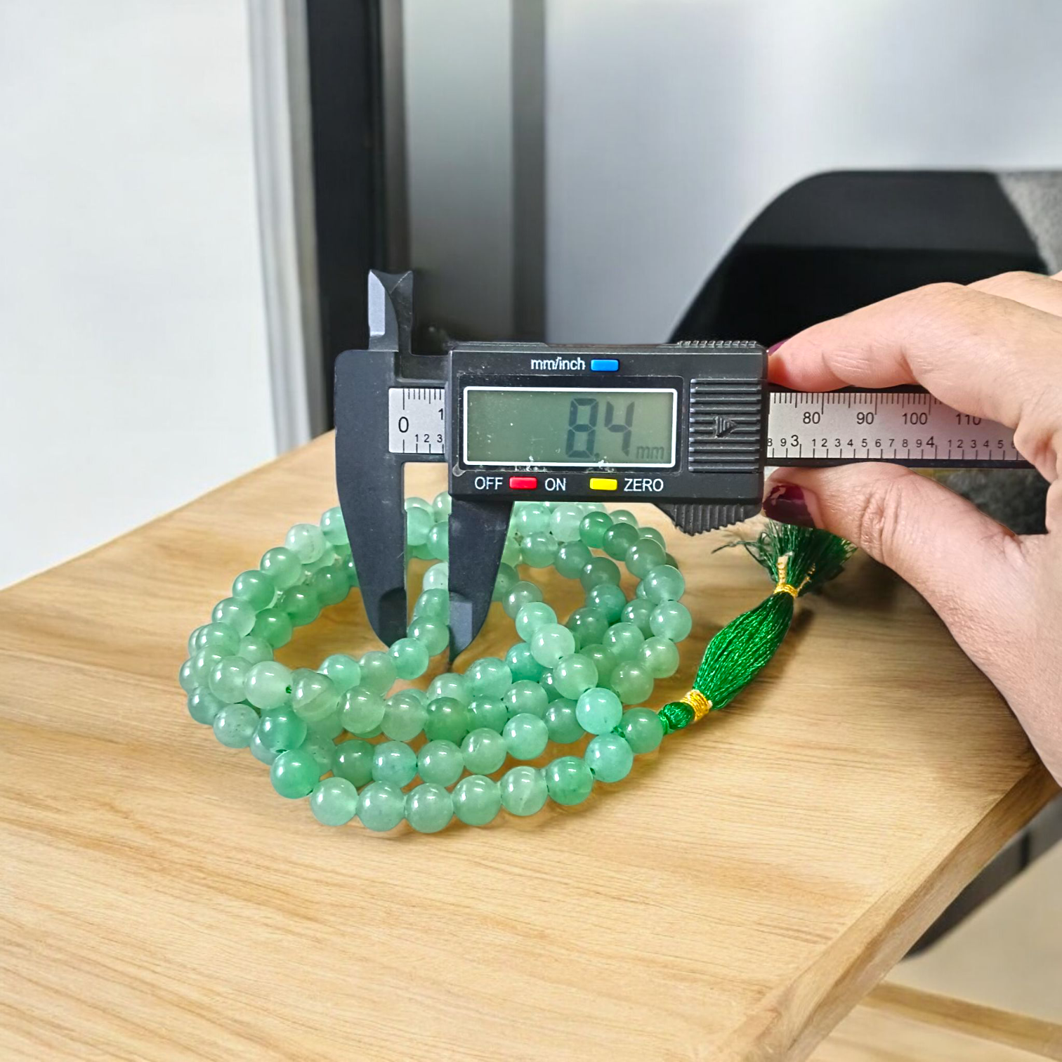 Natural Green Aventurine Margaj Mala with 108+1 beads (8mm) used for meditation, chanting, and healing – lab-certified and handcrafted by Timeshopee