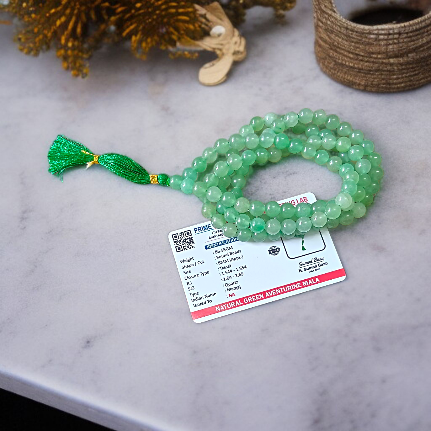 Natural Green Aventurine Margaj Mala with 108+1 beads (8mm) used for meditation, chanting, and healing – lab-certified and handcrafted by Timeshopee