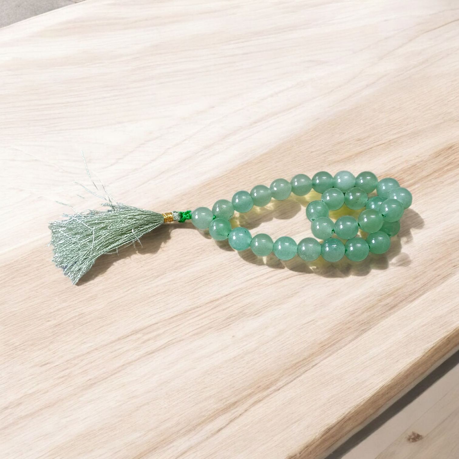 Natural Green Aventurine Margaj Mala with 108+1 beads (8mm) used for meditation, chanting, and healing – lab-certified and handcrafted by Timeshopee