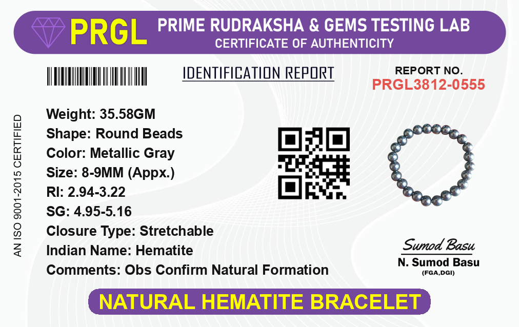 Natural Hematite Bracelet 8-9mm Stretchable Healing Beads Lab Certified for Chakra Balancing and Energy Protection