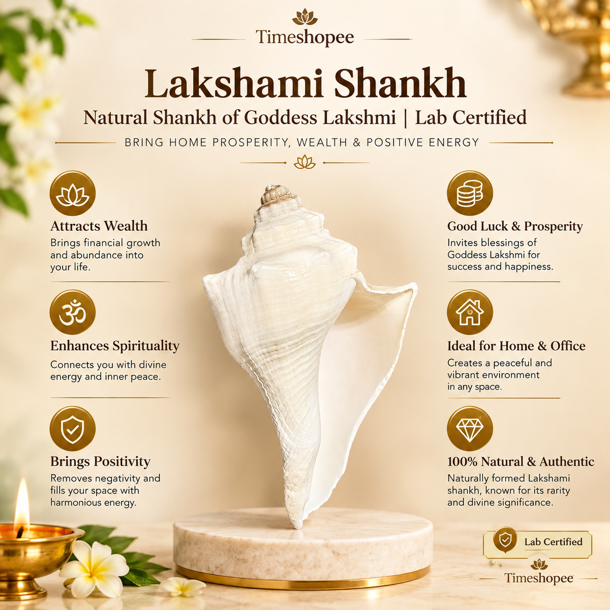 Natural Lakshami Shankh, a lab-certified conch shell for Goddess Lakshami, symbolizing prosperity and used in spiritual rituals
